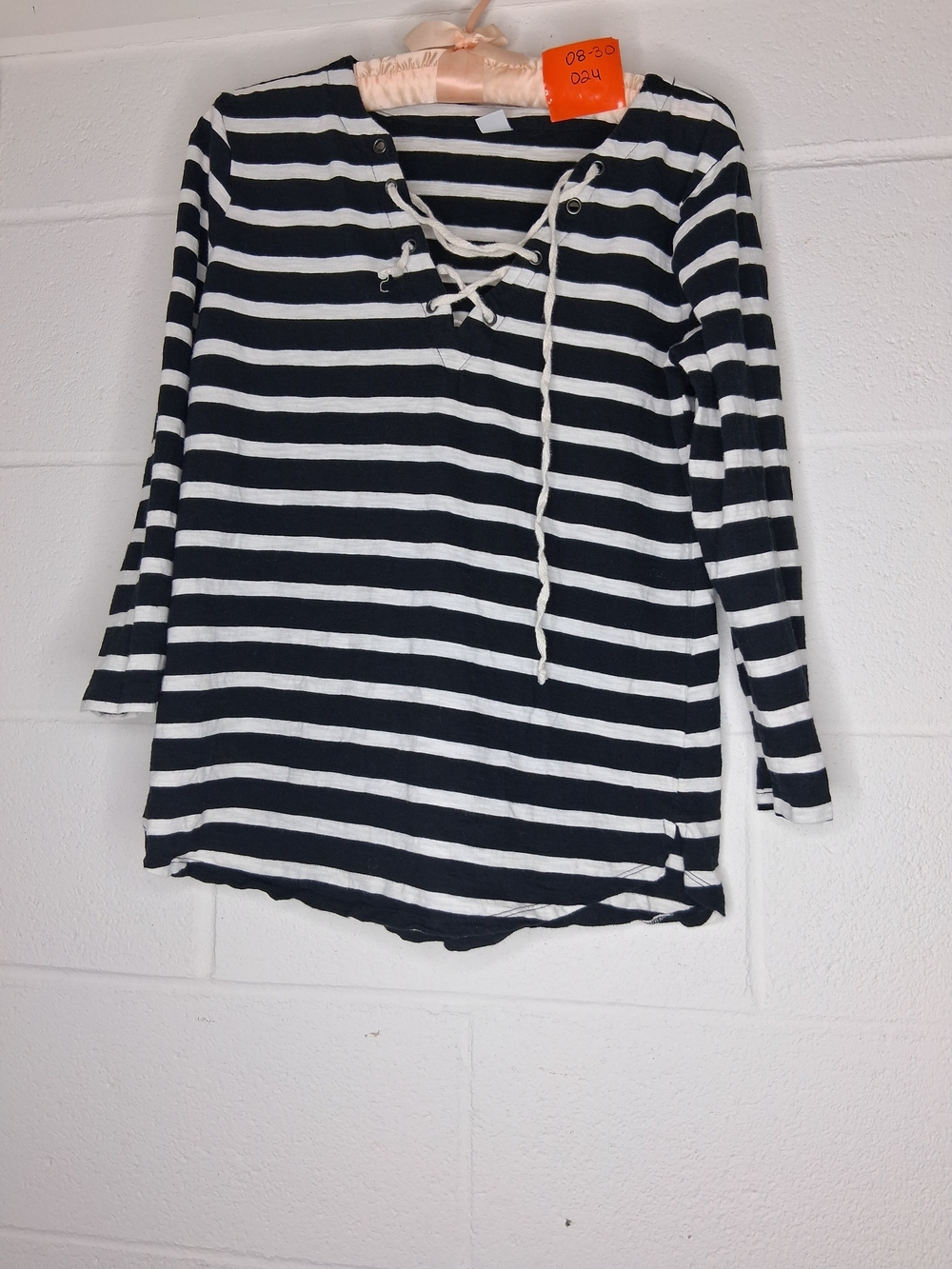 Old Navy Black and White Lace-Up Striped Long Sleeve Tee